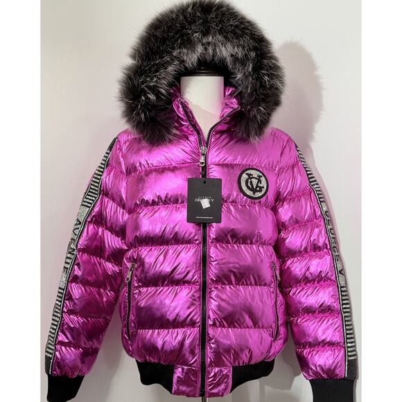 NEW Avenue George V Paris Puffer Jacket Hooded Fur Rhinestone Pink LARGE $650 - Picture 1 of 9